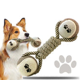 Juguete mordedor de cuerda de algodón para perros con diseño de mancuerna de tenis, seguro y resistente para mascotas.