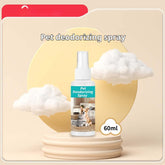 Pet deodorizer for dogs and cats in a 60ml spray bottle, showcasing odor elimination benefits.