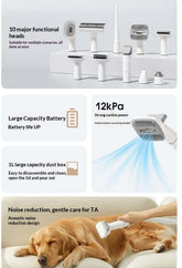 Multifunctional pet hair trimmer with 10 functional heads, strong suction, and quiet operation for grooming dogs and cats.