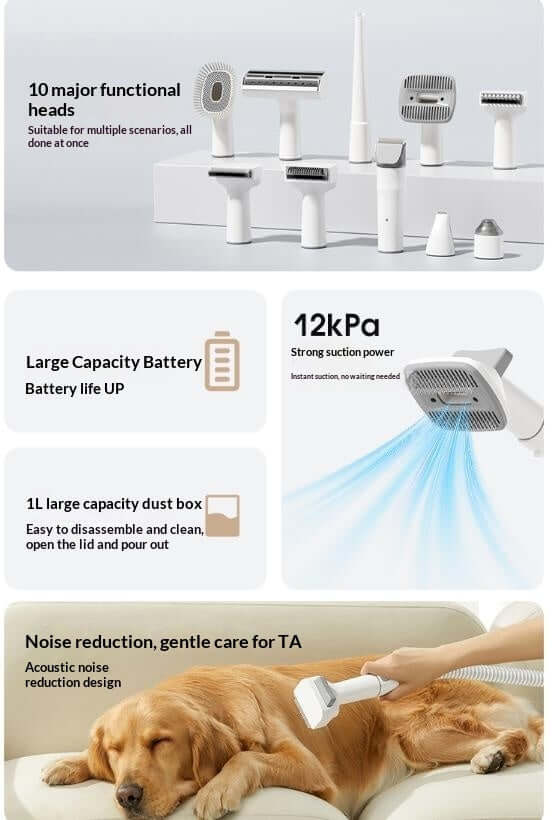 Multifunctional pet hair trimmer with 10 functional heads, strong suction, and quiet operation for grooming dogs and cats.