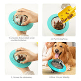 Pelota dispensadora de premios interactiva para perros que muestra cómo rellenar y usar la pelota dispensadora.