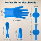 Dimensions of the 6-Piece Bath and Grooming Kit for Dogs and Cats including grooming gloves and brushes.