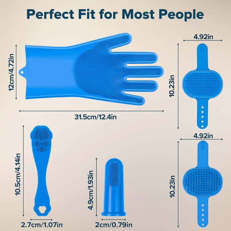 Dimensions of the 6-Piece Bath and Grooming Kit for Dogs and Cats including grooming gloves and brushes.