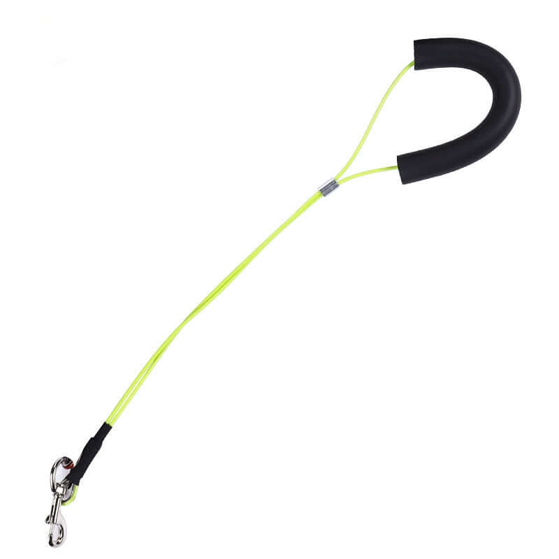 Durable pet grooming table for dogs and cats featuring a neon leash with a black handle and metal clip.