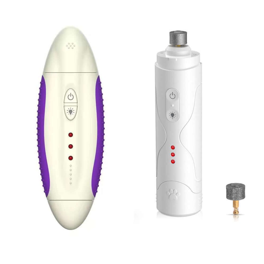 Electric nail grinder for pets with oval purple and white design, featuring USB charging and nail grinding head.