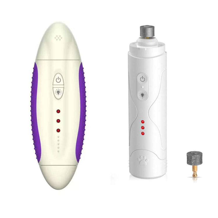 Electric nail grinder for pets with oval purple and white design, featuring USB charging and nail grinding head.