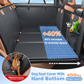 Car back seat extender for dogs with PU leather cover and increased activity space.
