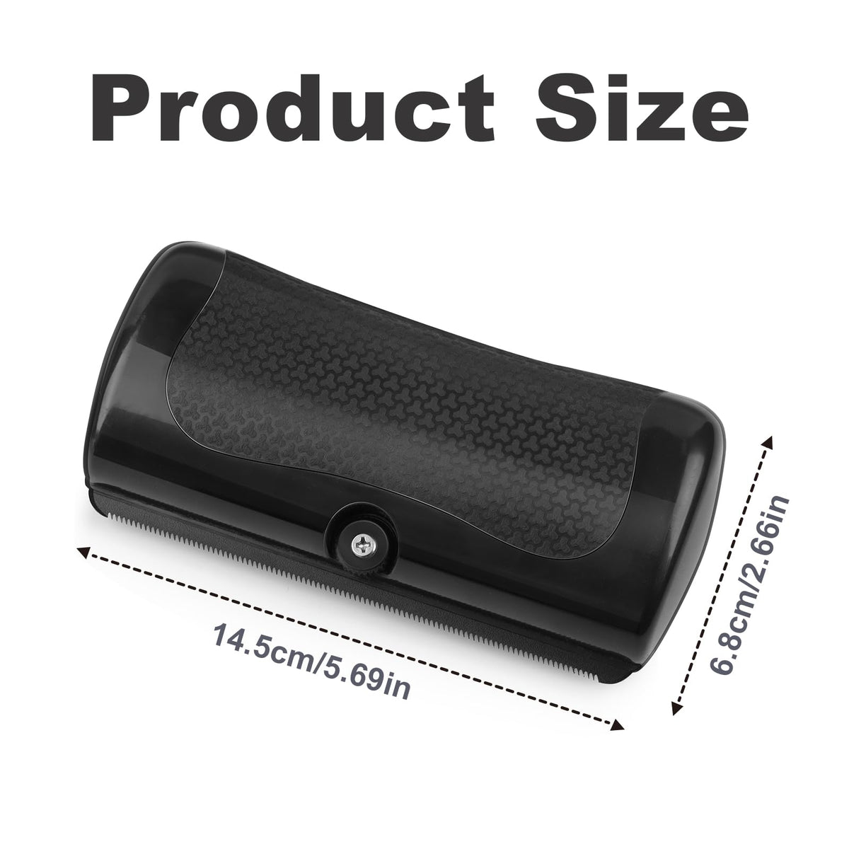 Cepillo quitapelo para perros que muestra las medidas del producto, 14.5cm y 6.8cm, para un cepillado eficaz.
