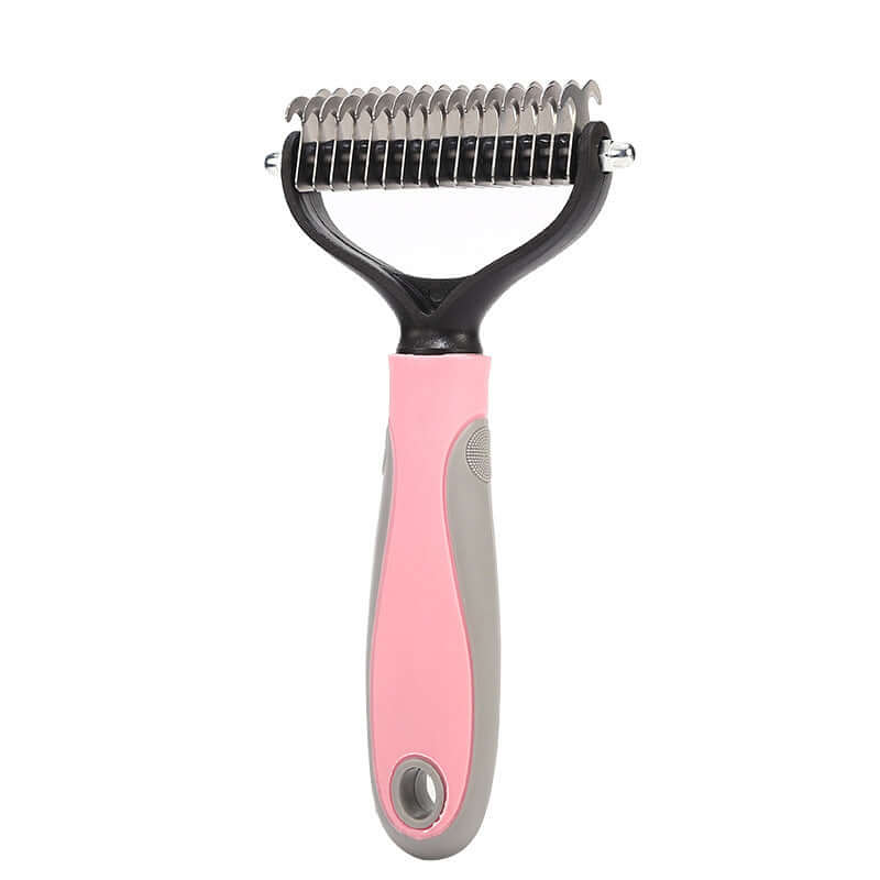 Double-sided pet brush for shedding in pink, designed for effective hair removal on dogs and cats.