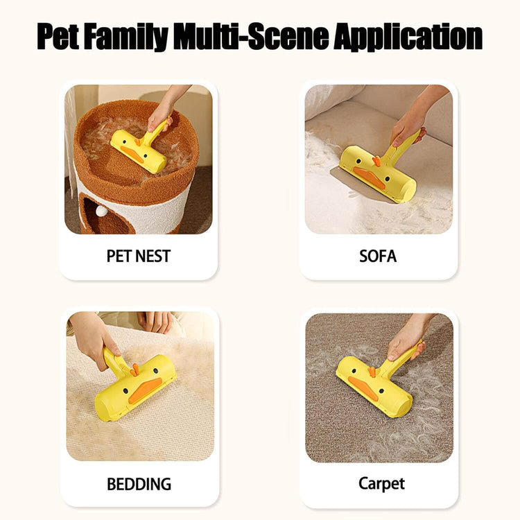 Image showcasing the Reusable Pet Hair Remover roller in use on various surfaces including sofa, bedding, and carpet.