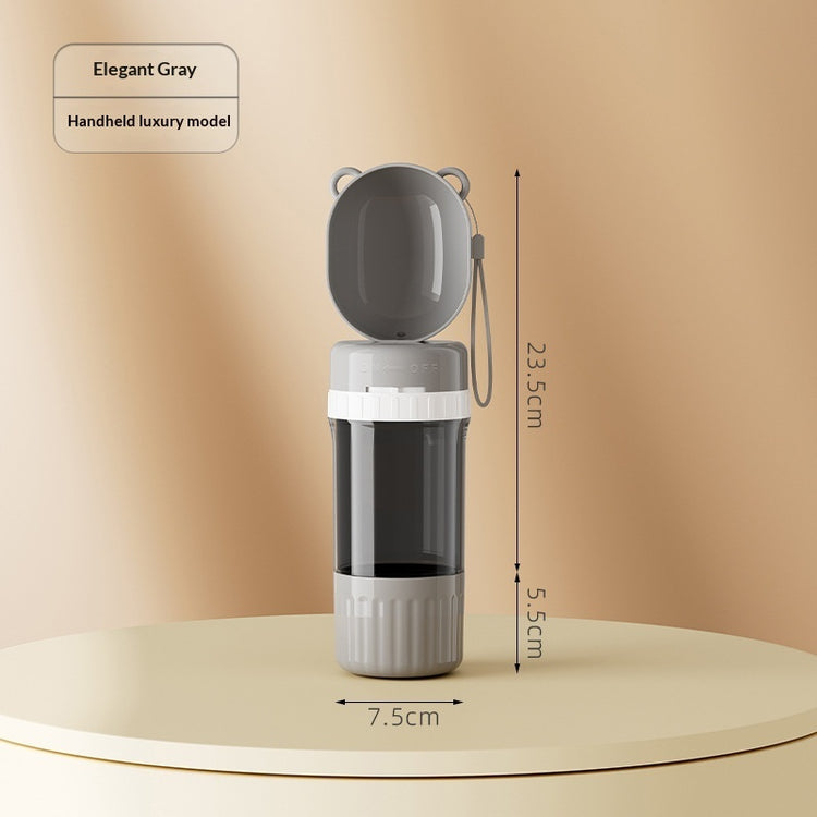 Portable dog water bottle dispenser in elegant gray color with dimensions on a light background.
