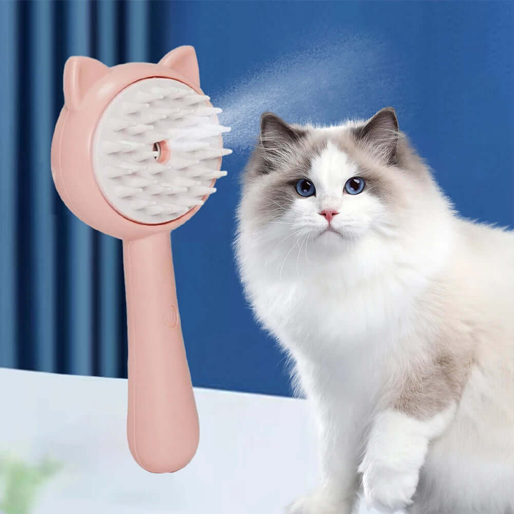 Multifunctional mist steam cleaning grooming brush for cats next to a fluffy cat on a table.