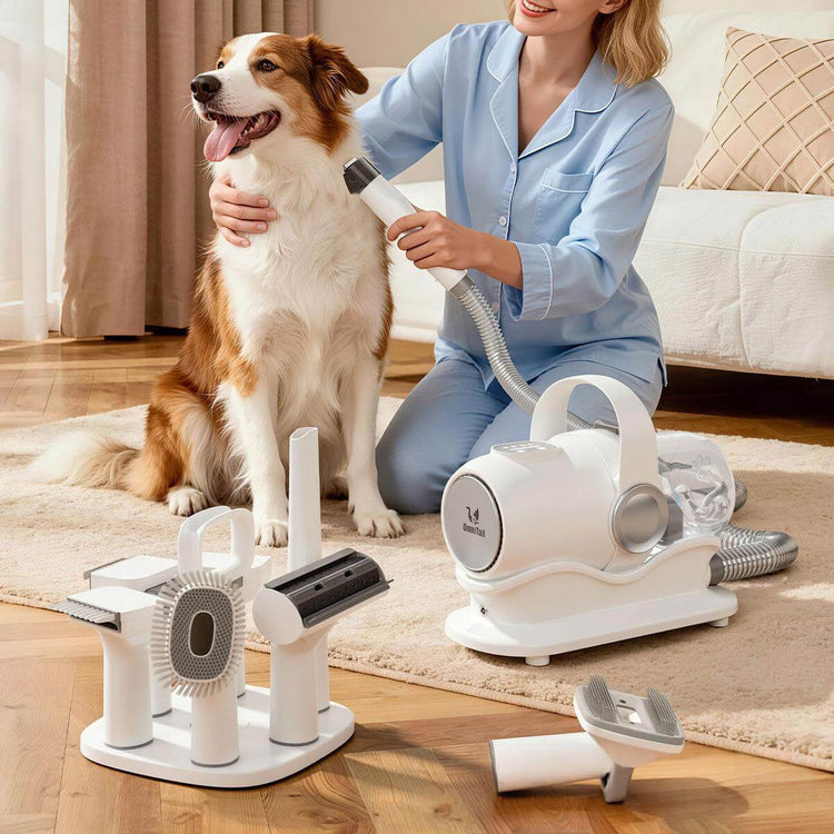 Multifunctional pet hair trimmer being used for dog grooming at home with vacuum attachment.
