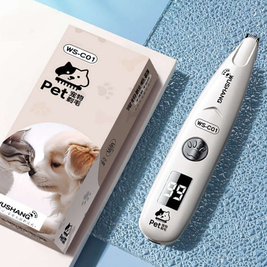 Rechargeable pet hair clipper for dogs and cats with digital display and packaging.
