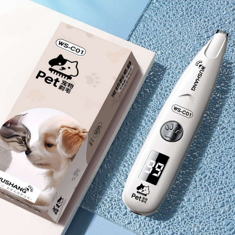 Rechargeable pet hair clipper for dogs and cats with digital display and packaging.