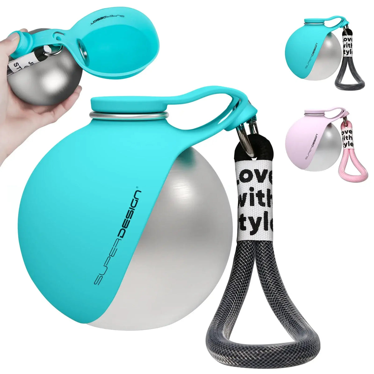 Portable dog water bottle for small dogs in turquoise with a silicone lid and multi-color options.