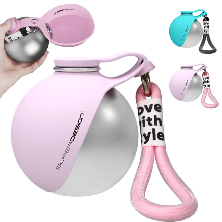 Portable dog water bottle for small dogs with pink and teal design, perfect for travel and hydration.