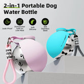2-in-1 Portable Dog Water Bottle for small dogs in pink and blue, leak-proof, made of stainless steel and silicone.