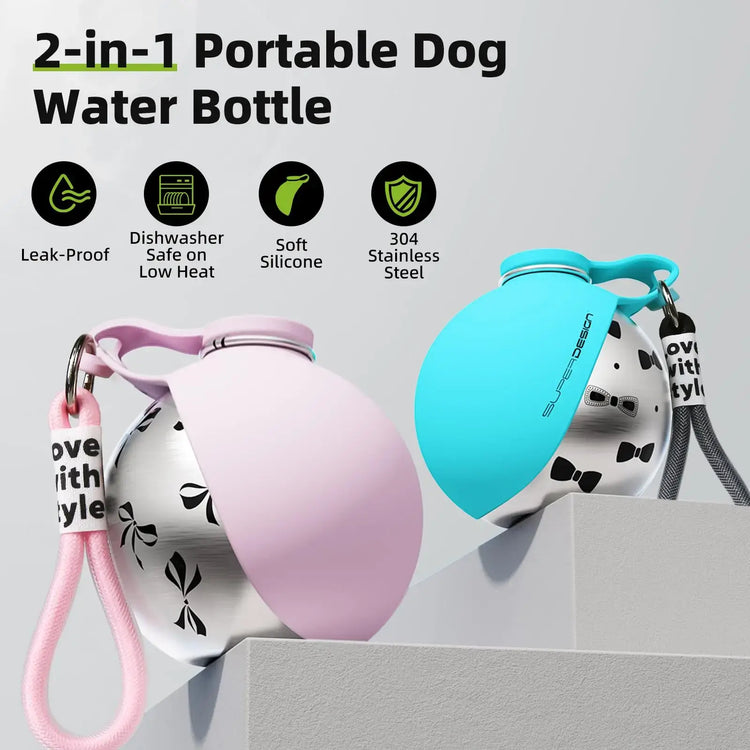 2-in-1 Portable Dog Water Bottle for small dogs in pink and blue, leak-proof, made of stainless steel and silicone.