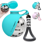 2-in-1 portable dog water bottle for small dogs in teal with silicone cap and leash, stainless steel design.