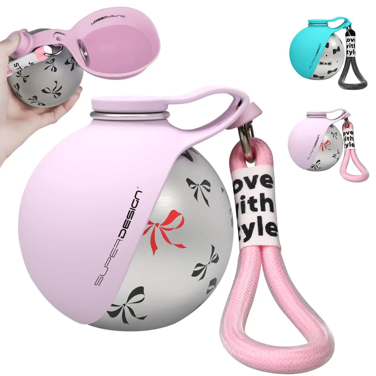 Portable dog water bottle for small dogs in stylish design, perfect for travel, featuring a sturdy carry handle and a fun pattern.