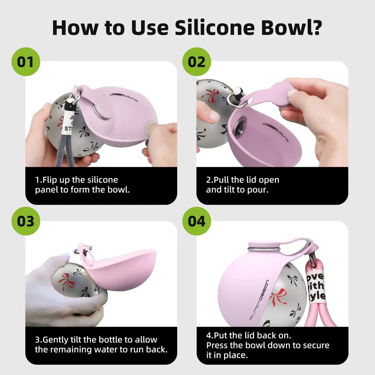 How to use silicone bowl for portable dog water bottle for small dogs with step-by-step instructions.