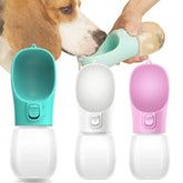 leakproof portable dog water bottle for hydration on-the-go, featuring three color options for pets during outdoor activities.