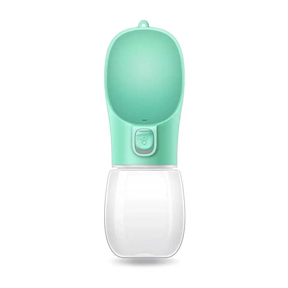 Leakproof portable dog water bottle in mint green color, ideal for hydrating pets on outdoor adventures.