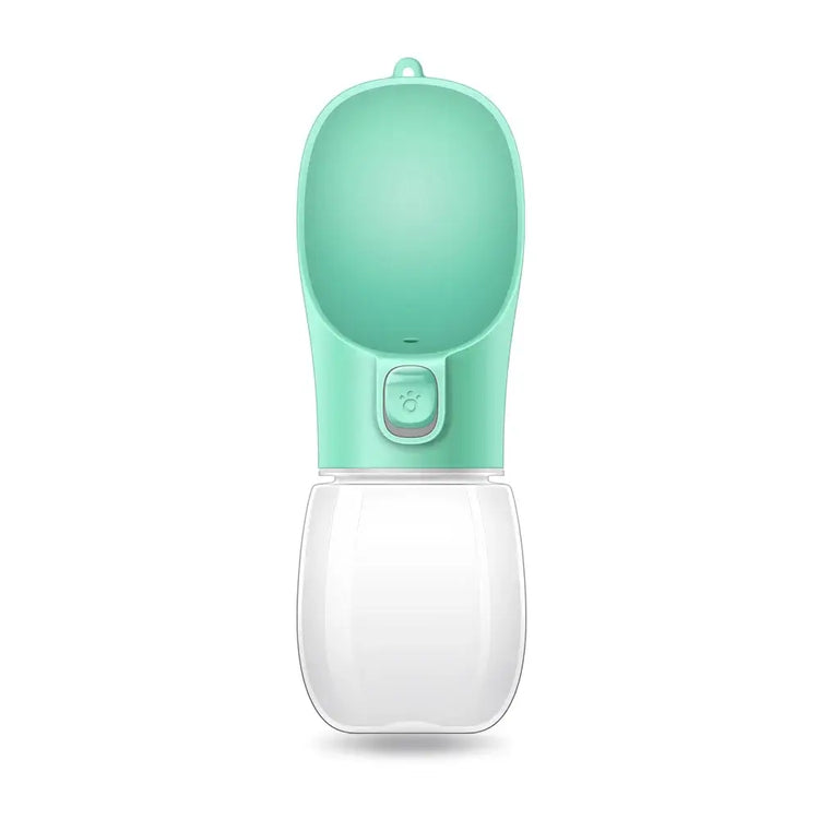 Leakproof portable dog water bottle in mint green color, ideal for hydrating pets on outdoor adventures.