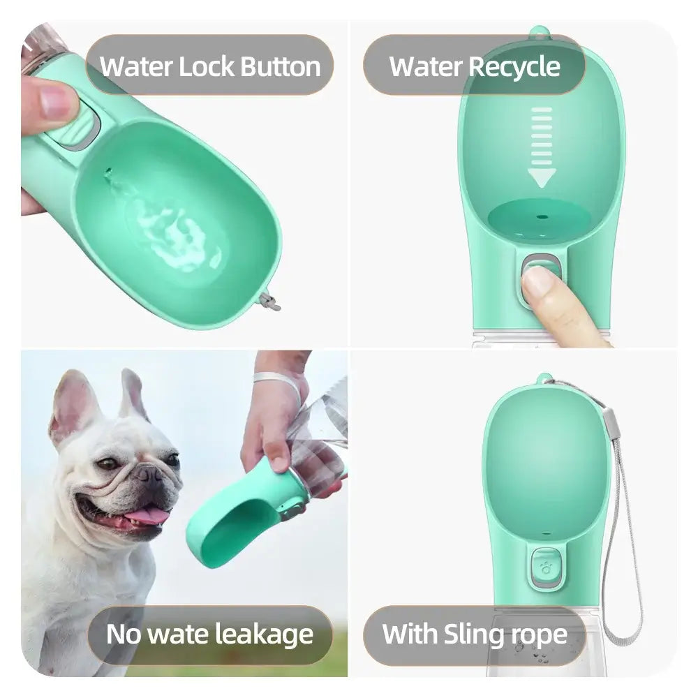 Leakproof portable dog water bottle features like water lock button, no water leakage, and sling rope for easy use.