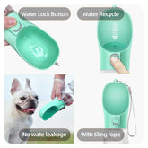 Leakproof portable dog water bottle features like water lock button, no water leakage, and sling rope for easy use.