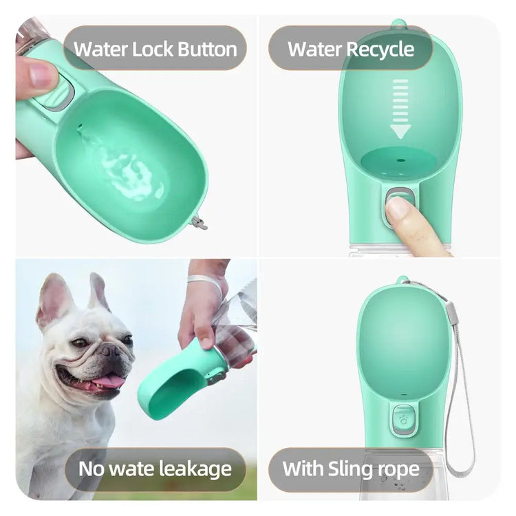 Leakproof portable dog water bottle features like water lock button, no water leakage, and sling rope for easy use.