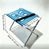 Foldable pet grooming table showing dimensions in blue color with a non-slip design for medium pets.