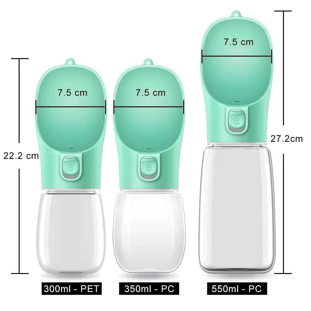 Different sizes of leakproof portable dog water bottle for small and large pets, ideal for outdoor use.