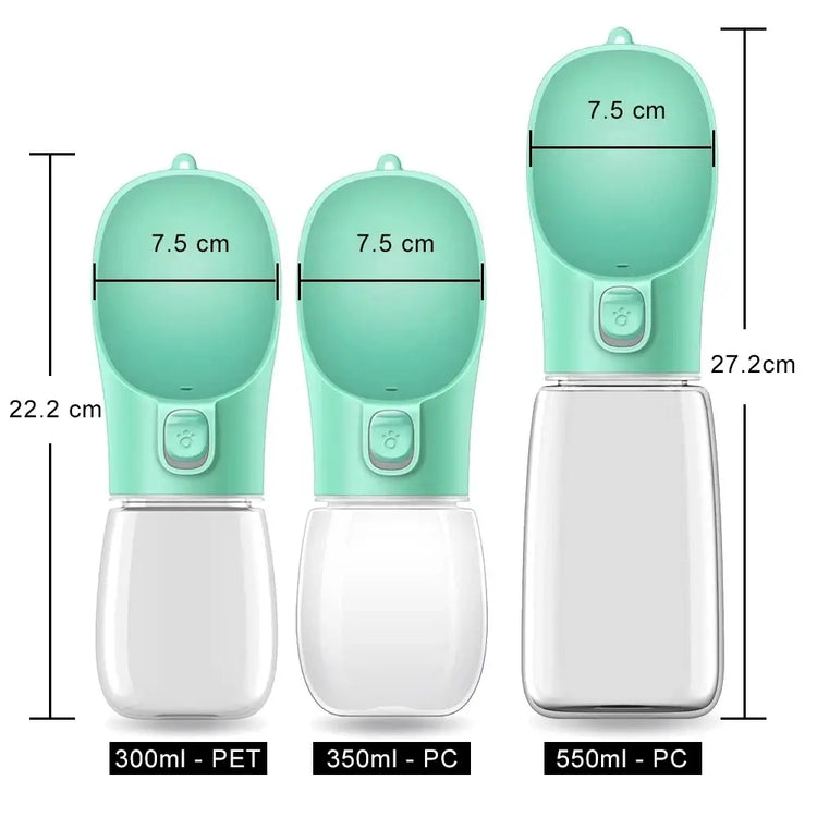 Different sizes of leakproof portable dog water bottle for small and large pets, ideal for outdoor use.