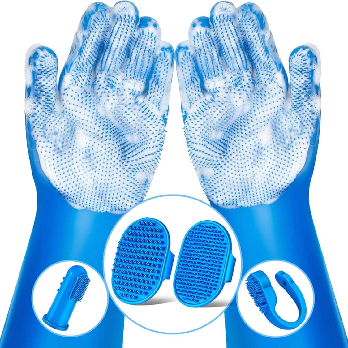 Blue grooming gloves and brushes from the 6-piece pet grooming kit for dogs and cats, perfect for effective bathing and massaging.