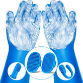 Blue grooming gloves and brushes from the 6-piece pet grooming kit for dogs and cats, perfect for effective bathing and massaging.