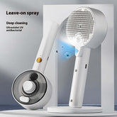 Steam grooming brush for pets, featuring leave-on spray and UV antibacterial technology for deep cleaning.