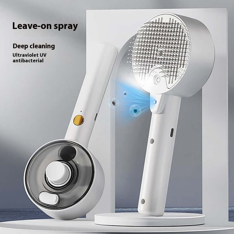 Steam grooming brush for pets, featuring leave-on spray and UV antibacterial technology for deep cleaning.
