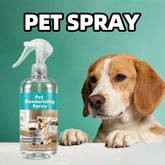 Pet Deodorizer for dogs and cats, bottle and beagle dog on a table, showcasing pet deodorizing spray.