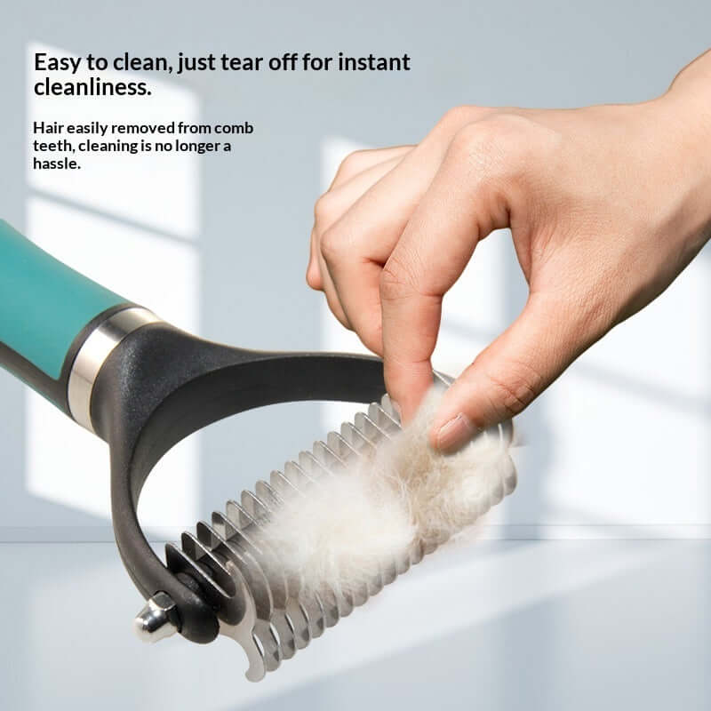 Easy to clean multifunctional pet grooming comb removing hair for instant cleanliness.