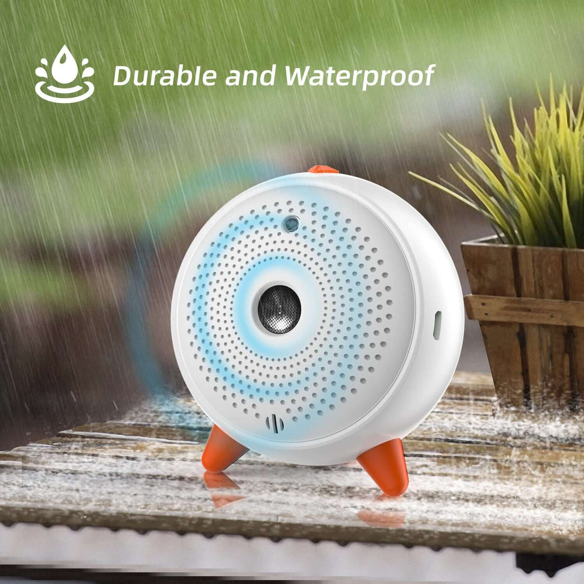 Ultrasonic bark control device shown in the rain, showcasing its durable and waterproof design.