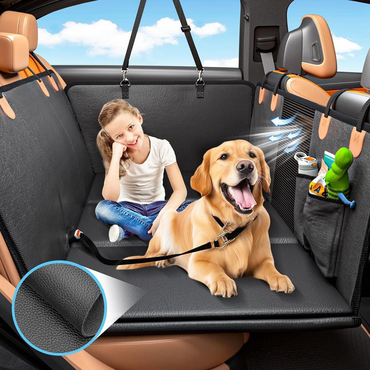 Car back seat extender for dogs featuring PU leather cover for comfortable pet travel.