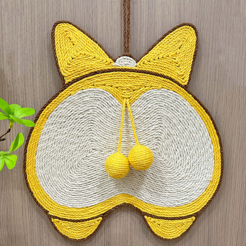 Sisal cat scratching mat designed as a cute Corgi butt, featuring natural sisal and vibrant colors for durability.