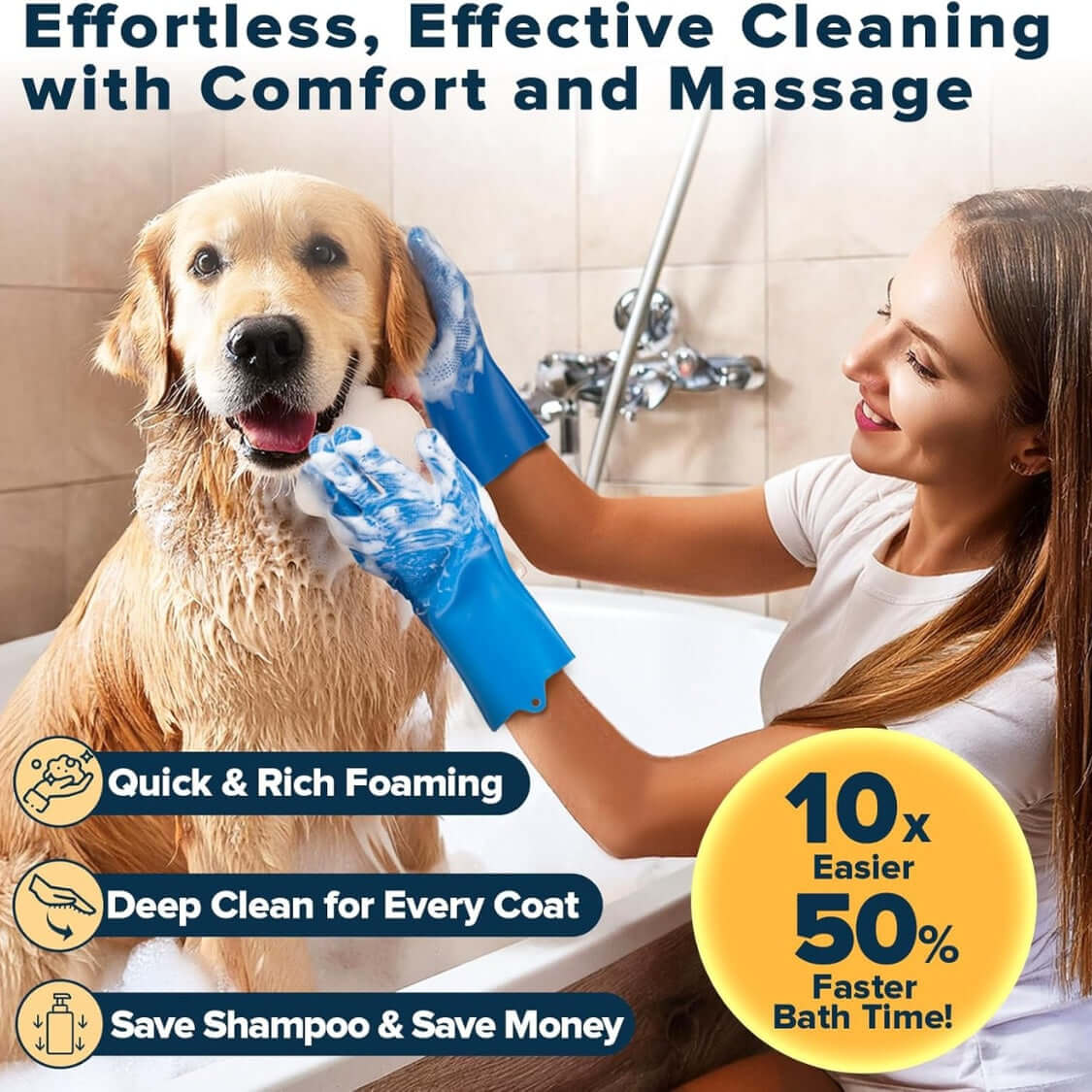 pet grooming kit for dogs and cats with gloves to wash a happy golden retriever in a bathtub.