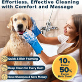 pet grooming kit for dogs and cats with gloves to wash a happy golden retriever in a bathtub.
