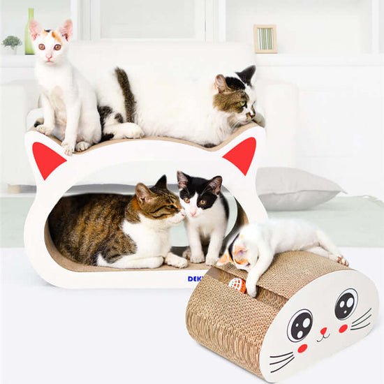 Large corrugated cardboard scratcher for cats, featuring playful design and multiple cats enjoying the cozy setup.