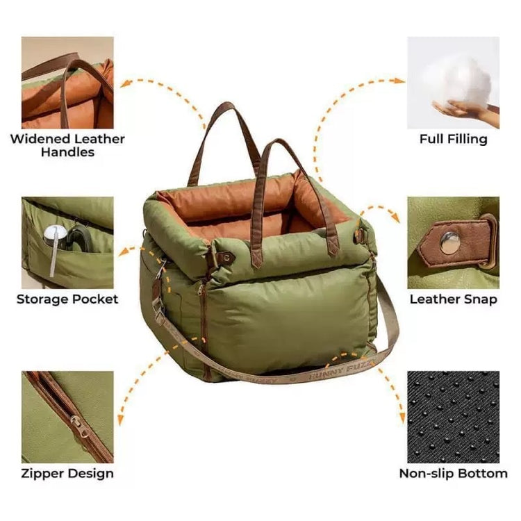 Waterproof pet car seat cover with widened leather handles, storage pocket, and non-slip bottom.