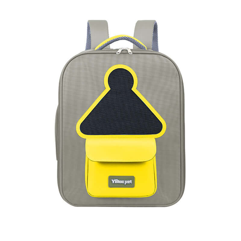 Portable cat carrier travel backpack in gray with yellow accents and stylish design for pet travel.
