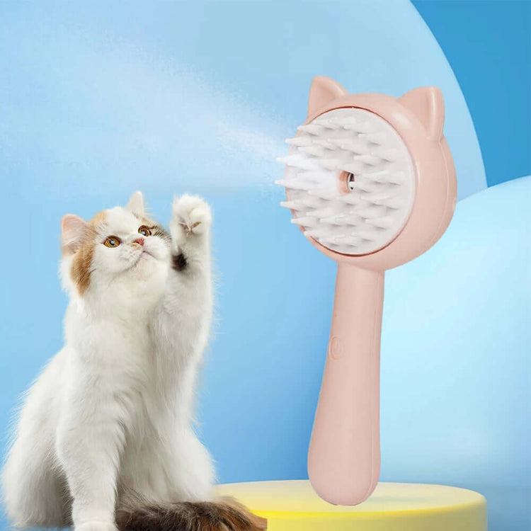 steam cleaning grooming brush for cats with a cat playing in the background